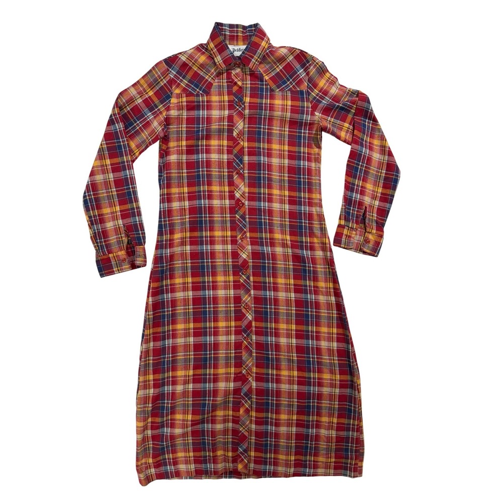 Vintage Peddlers II Plaid Shirt Dress Red Yellow Long Sleeve Retro Small